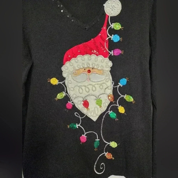 Berek Beaded Sequins Santa Ugly Christmas Sweater Blouse Size Large Black V-Neck - Picture 3 of 5